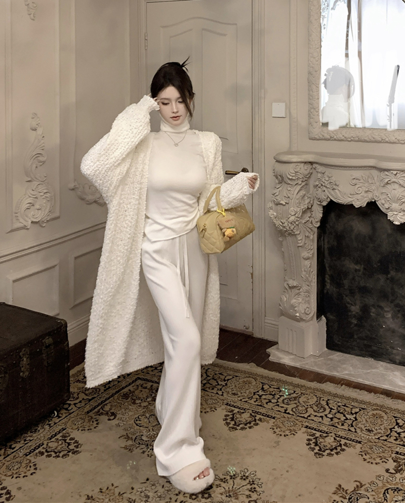 Lazy style high-necked bottoming knitted top T-shirt + high-waisted knitted trousers + slim and versatile cardigan for women