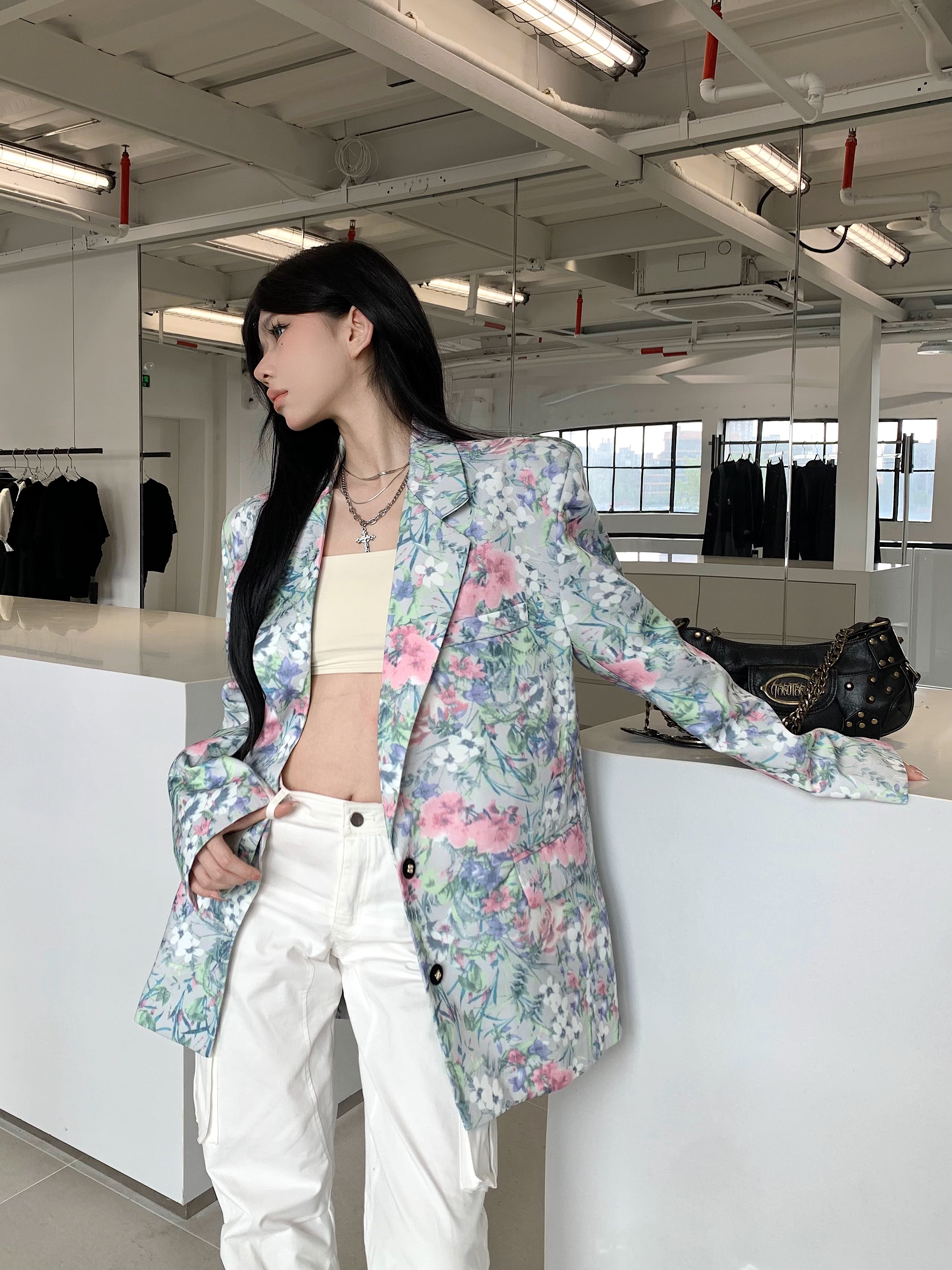 ~New patterned loose blazer women's European and American printed silk satin texture blazer