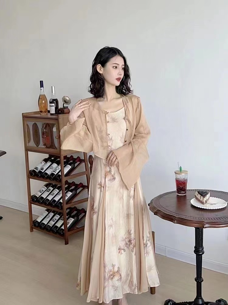 新中式國風連衣裙子女夏季2023新款清冷禪意女裝復古印花吊帶長裙