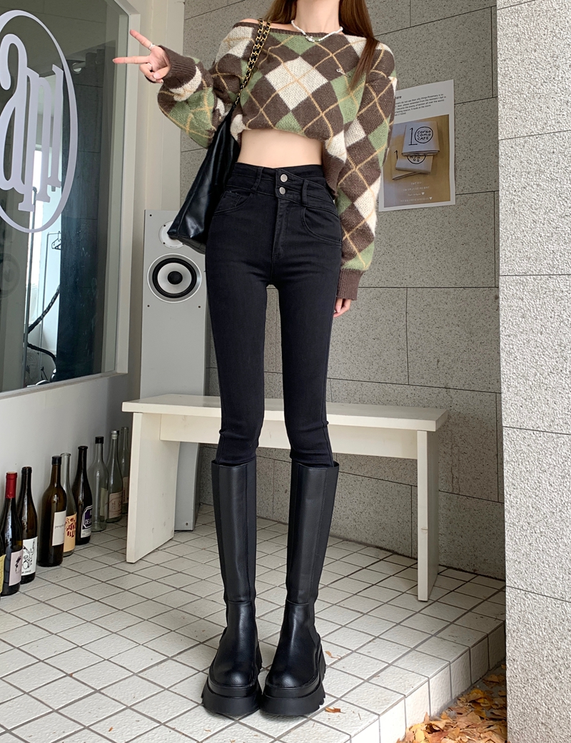 新款黑色牛仔褲女彈力緊身設計感斜腰鉛筆小腳褲子
