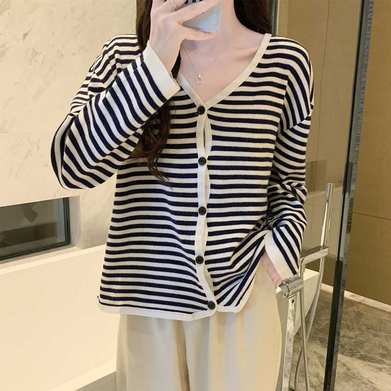 包芯紗 新款條紋包邊單排扣女裝長袖短外套開衫上衣