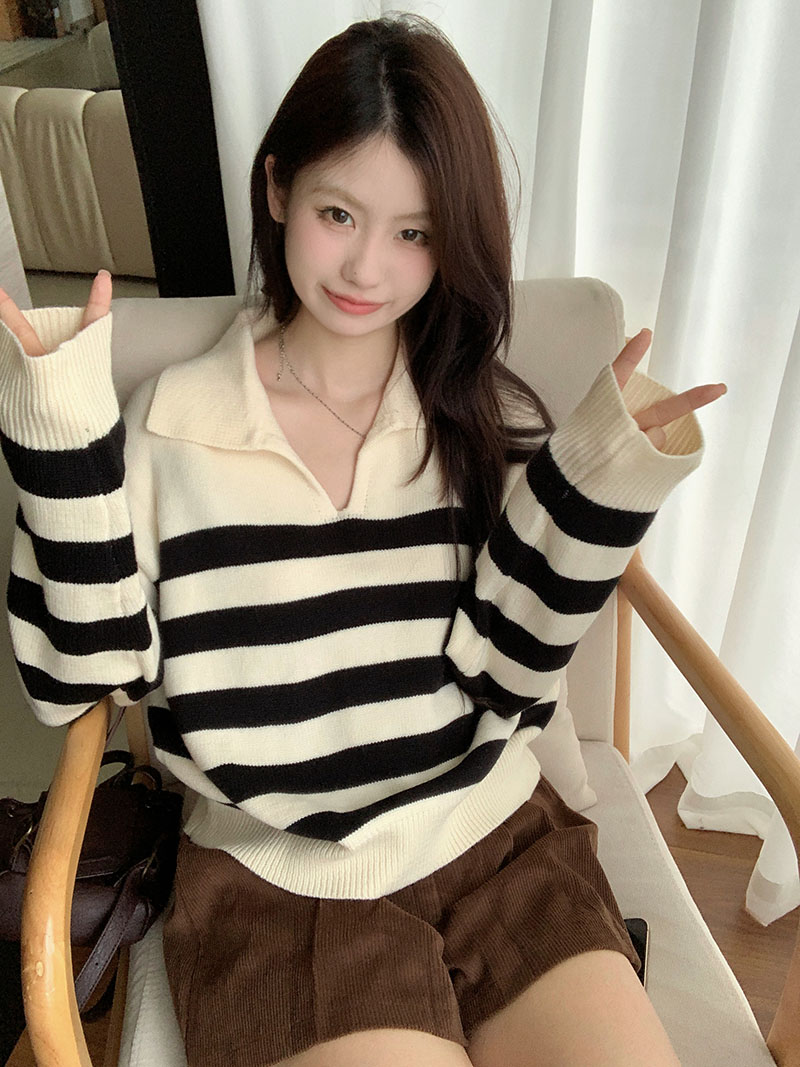 秋冬慵懶風寬鬆百搭條紋翻領毛衣氣質女上衣
