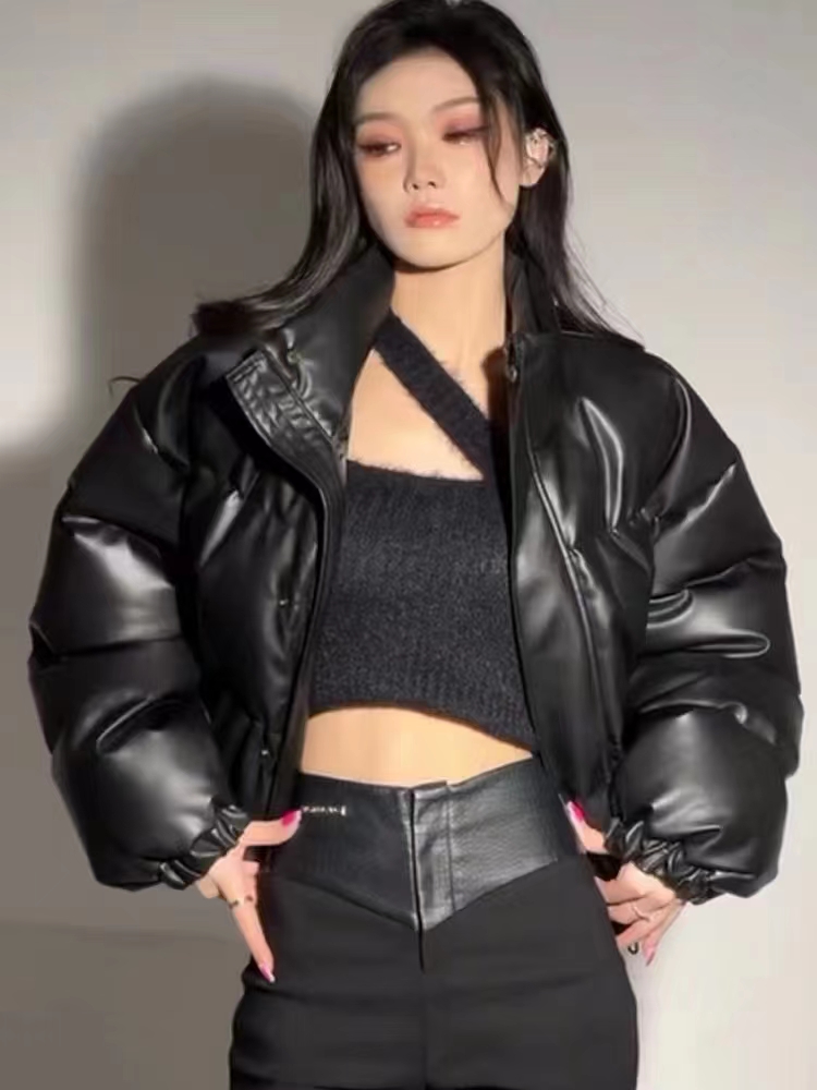 Korean straight zipper thickened leather jacket short coat cotton jacket for women