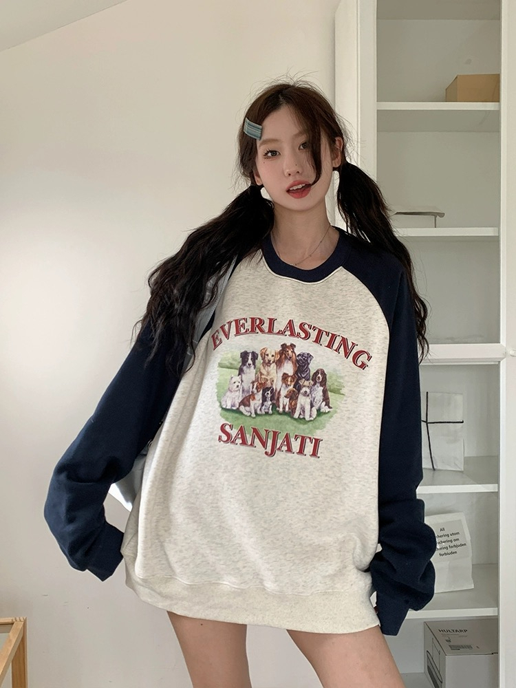 撞色拼接印花圓領衛衣 食毛華棉復牛奶絲薄/復銀狐絨厚