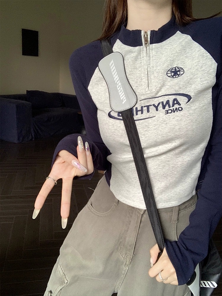 正肩女t恤長袖秋季字母修身拉鏈內搭打底衫短款拼接上衣女