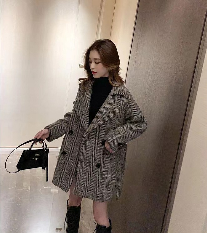 秋冬裝復古西裝領夾棉加厚毛呢外套中長款雙排扣呢大衣M-4XL200斤