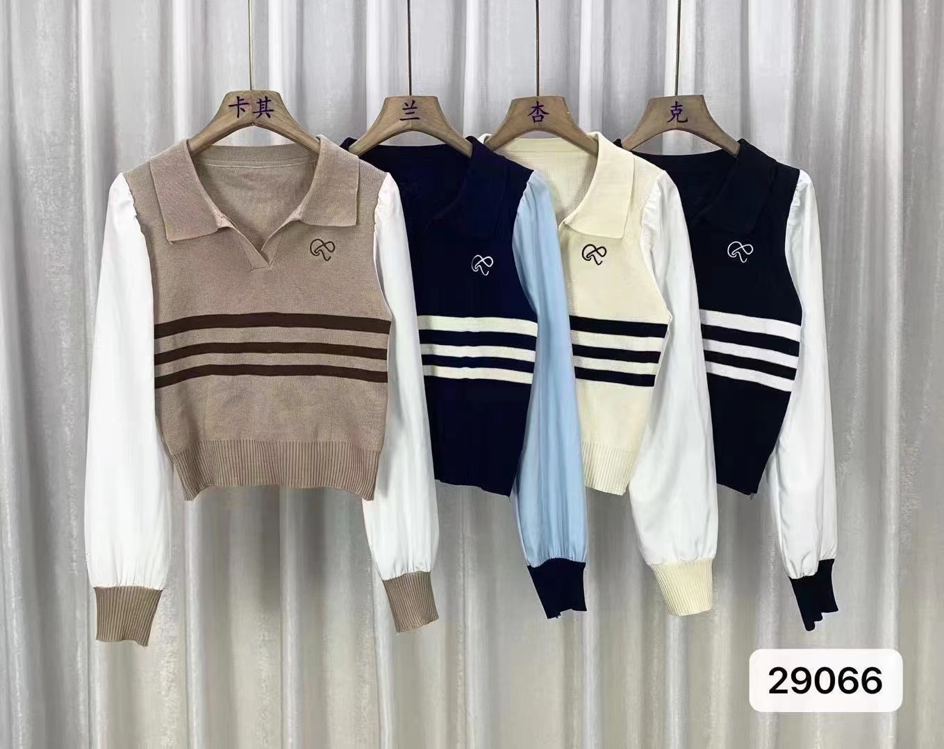 2023秋季新款韓版時尚女神風範Polo領刺繡拼接雪紡長袖上衣女