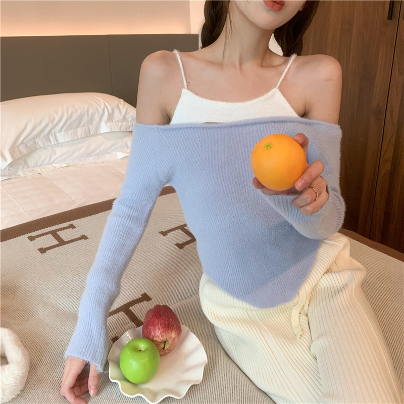 ~三色貂絨假兩件修身甜美毛茸茸純欲毛針織衫
