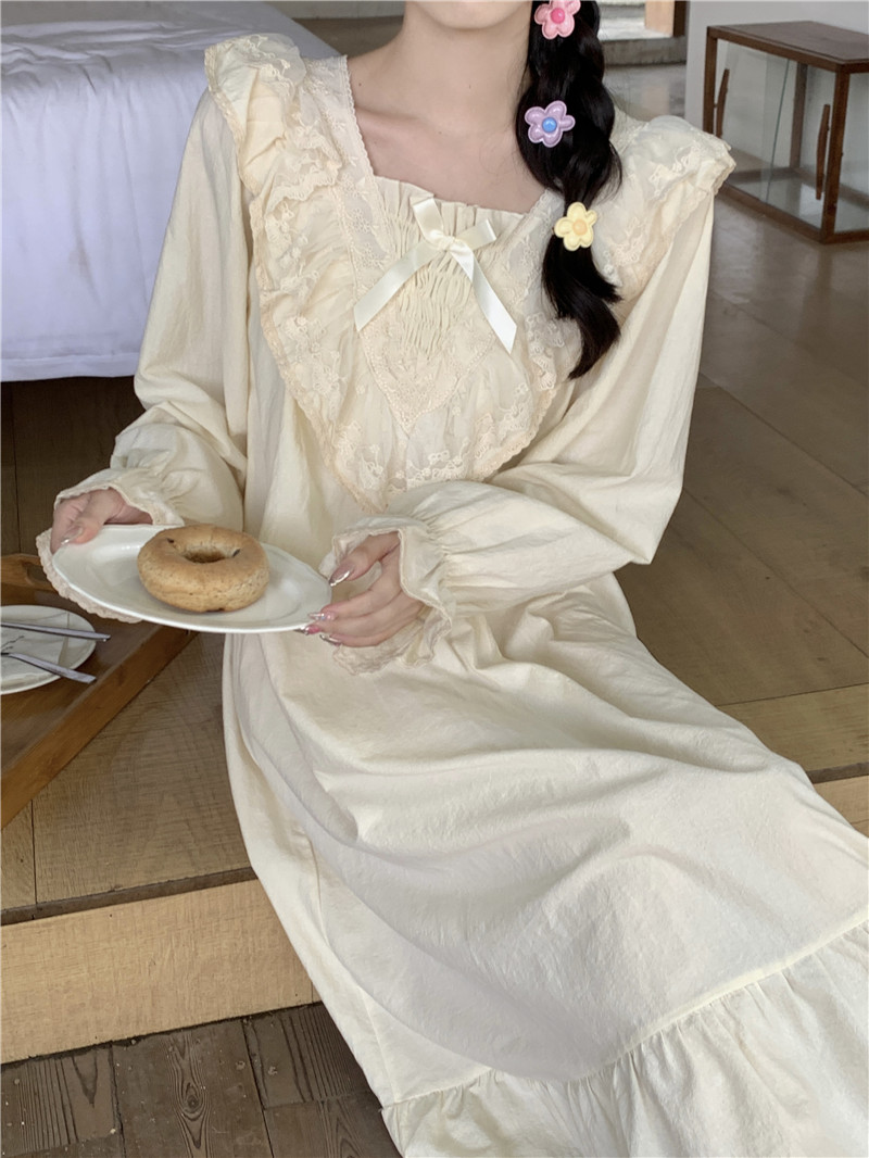 韓版全棉蕾絲寬鬆舒適宮廷風秋季外穿家居服連衣裙