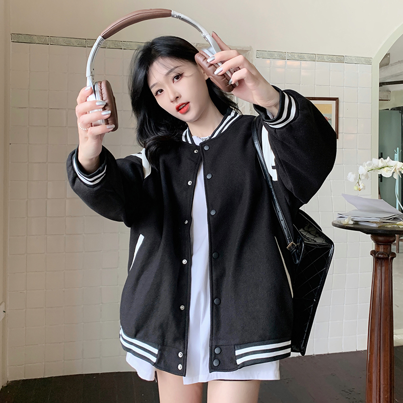 !  Black baseball uniform jacket spring and autumn new early autumn clothing petite fragrant top niche autumn and winter