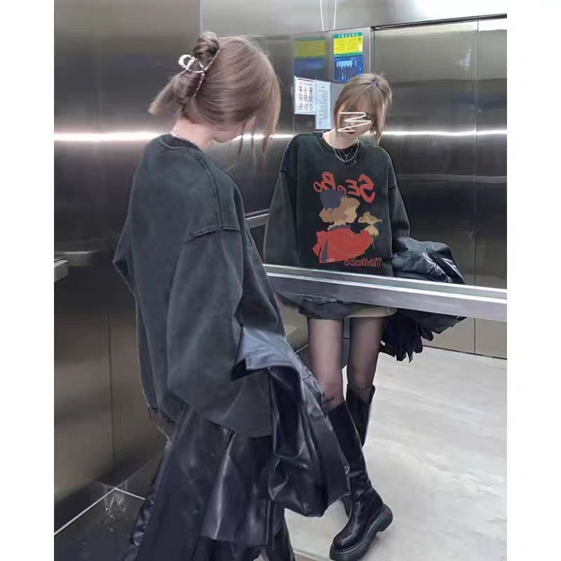 水洗灰純棉美式衛衣oversize小眾高街潮牌ins春秋寬鬆慵懶上衣女