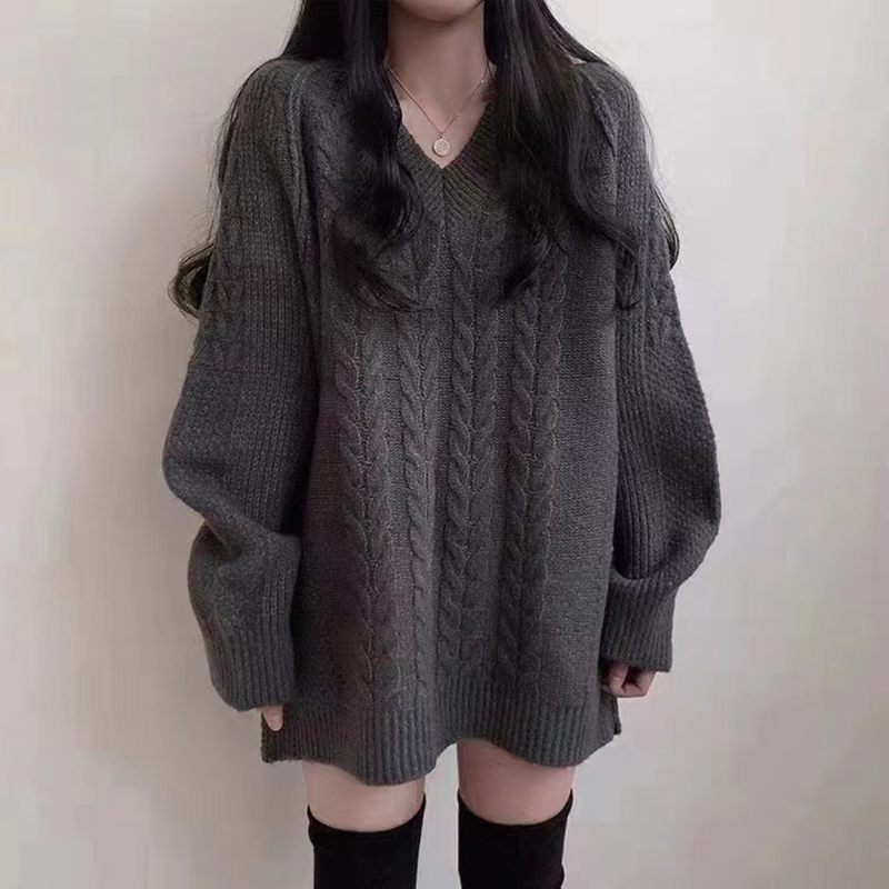 韓國chic秋冬中長款麻花套頭毛衣裙女洋氣復古純色百搭針織衫