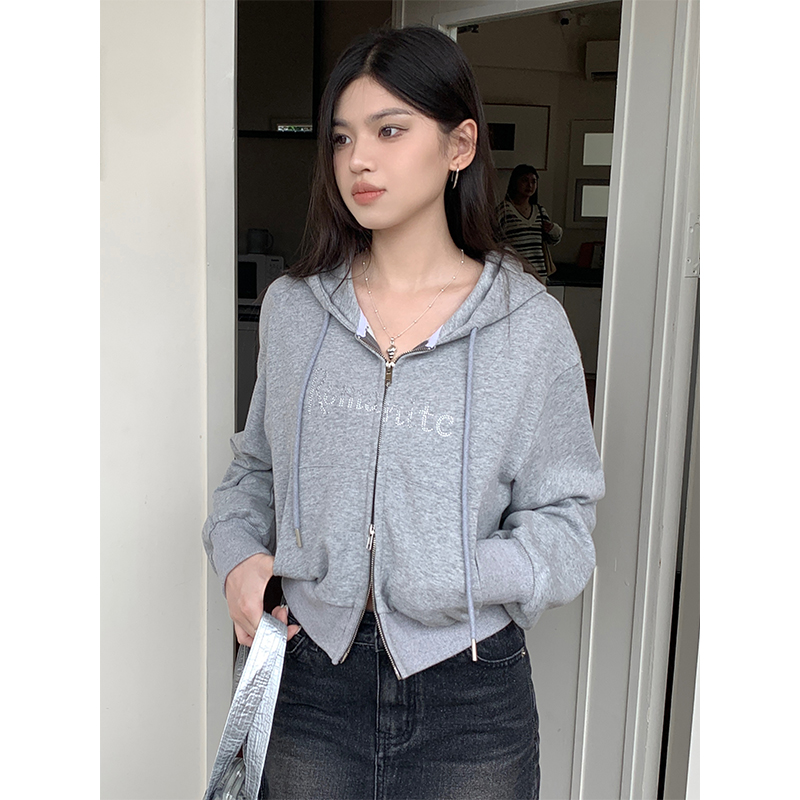 Gray double zipper hooded sweatshirt autumn hot diamond long-sleeved jacket slim fit short top for small people