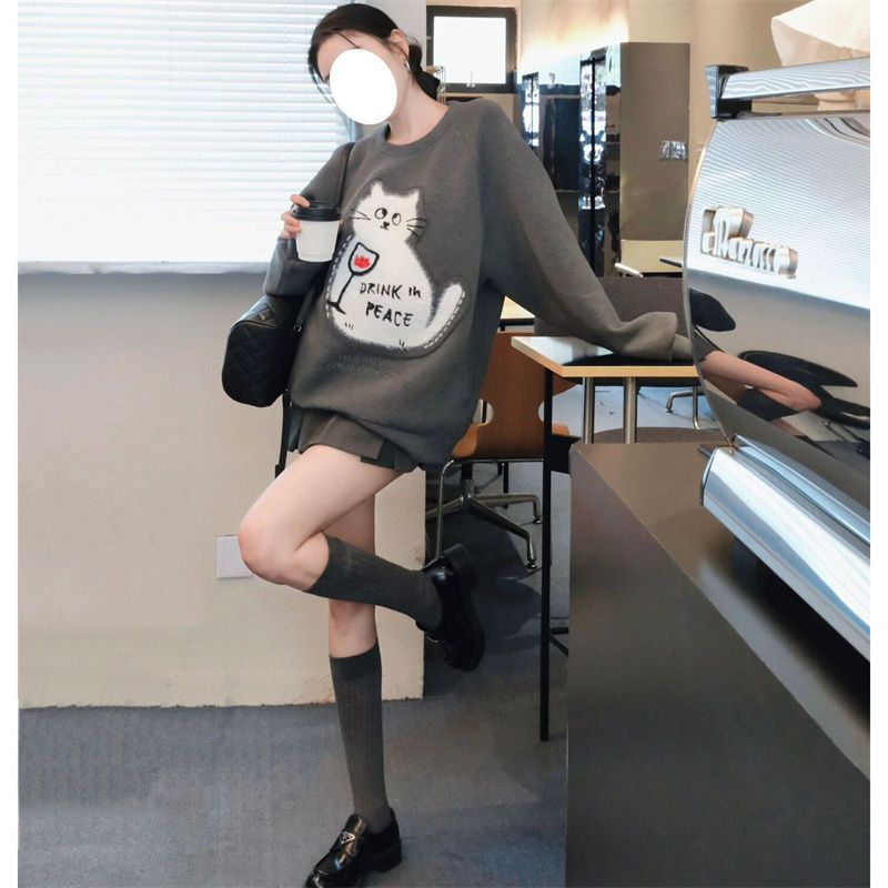 深灰色秋冬圓領衛衣 食毛華棉薄款/加絨包肩領 印花