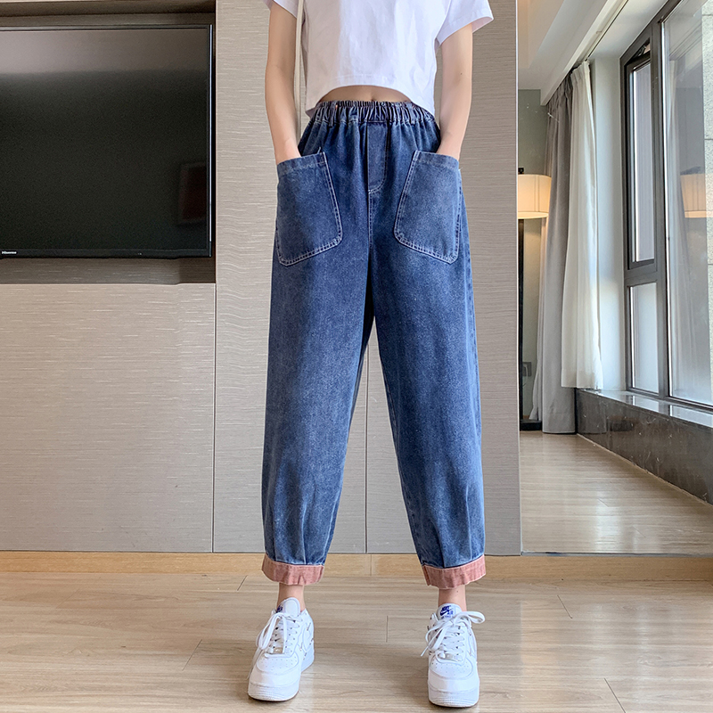 復古休閒牛仔褲女鬆緊腰大碼寬鬆顯瘦文藝彩條拼接九分哈倫褲