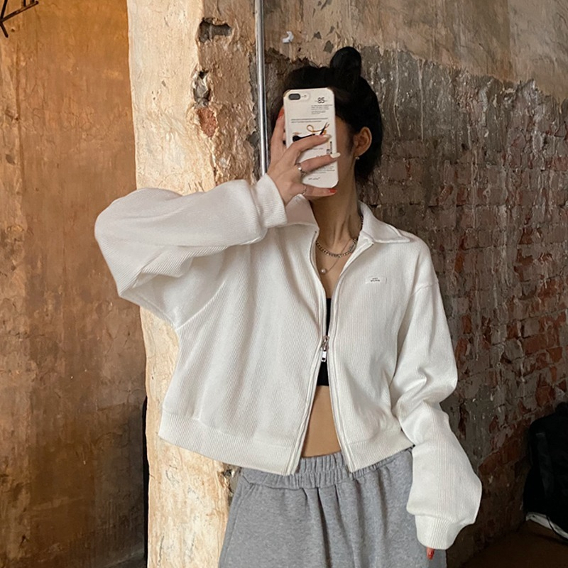 2023 spring and autumn versatile cardigan new hot girl short top zipper sports waffle jacket women's clothing