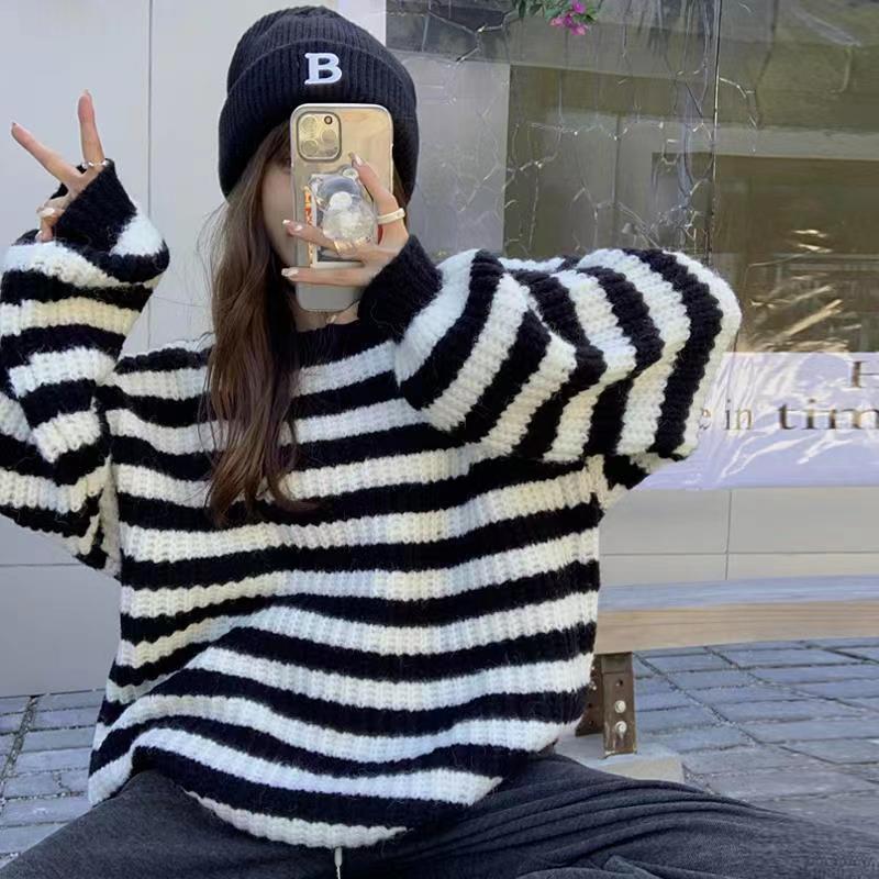 秋冬新款條紋毛衣女學生外穿寬鬆百搭慵懶風圓領加厚套頭針織上衣