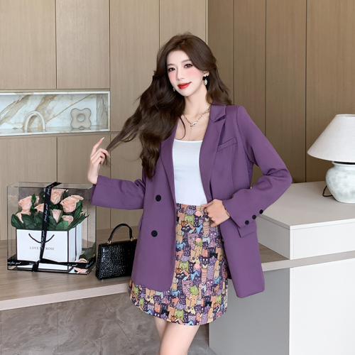  new fashionable and high-end purple suit jacket + cat print A-line skirt suit