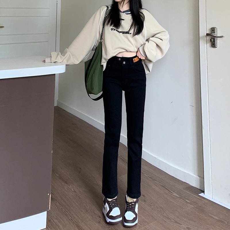 2023秋冬新款加厚加絨彈力直筒雙扣煙管牛仔褲女
