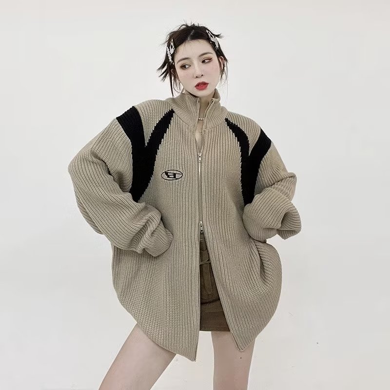 New national fashion embroidered zipper sweater cardigan coat autumn and winter trendy brand couple wear loose turtleneck sweater for women