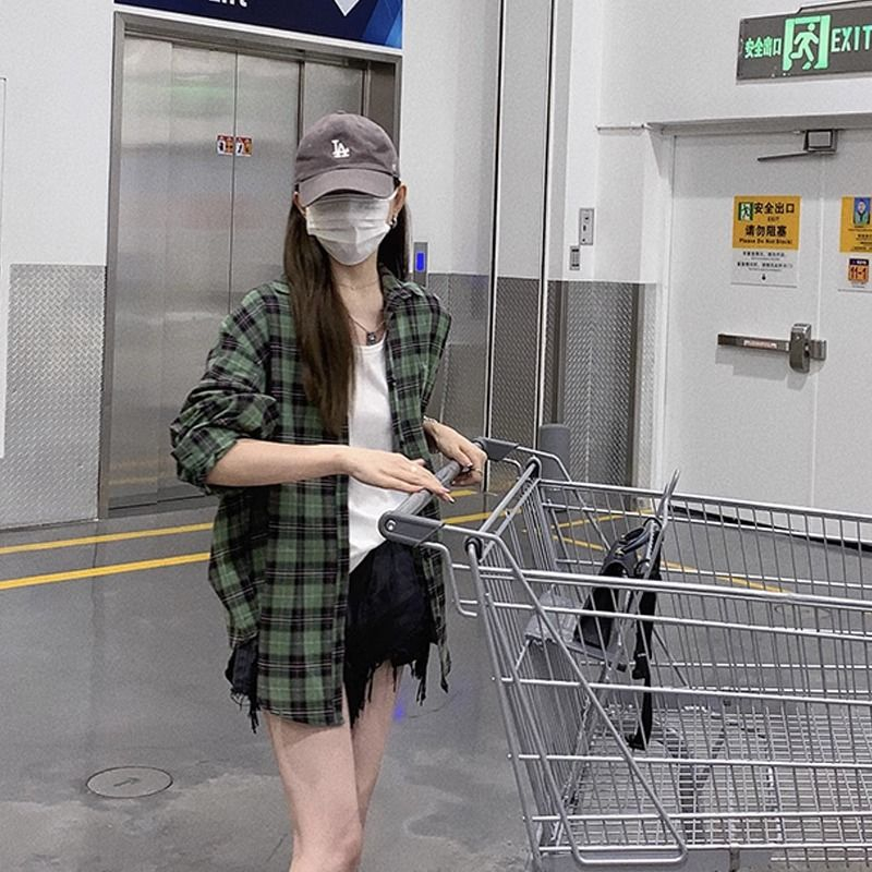 韓版polo領格子長袖襯衫女裝秋季綠色薄款寬鬆中長款防曬外套上衣