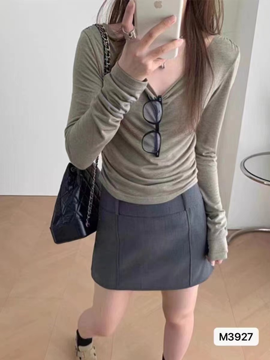 2023秋季新款韓版浪漫少女褶皺設計顯瘦長袖上衣女