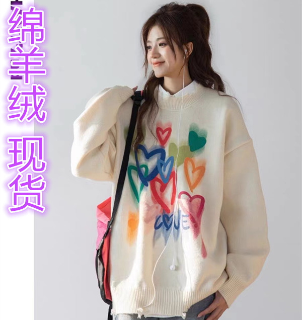 AzLan慵懶風毛衣女寬鬆韓系復古軟糯彩色愛心圓領套頭破洞針織衫