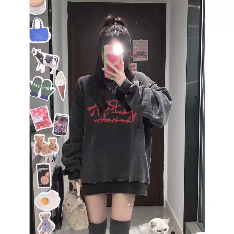 水洗灰純棉美式衛衣oversize小眾高街潮牌ins春秋寬鬆慵懶上衣女
