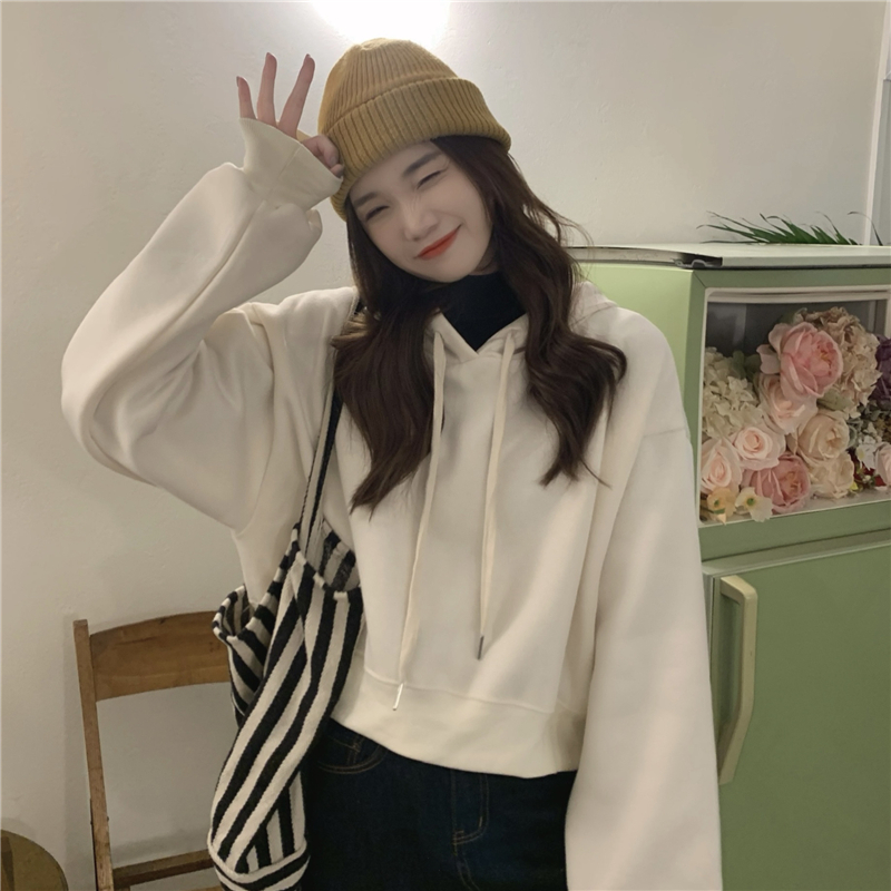 ！小個子慵懶風短款加絨連帽長袖衛衣秋冬寬鬆套頭上衣女