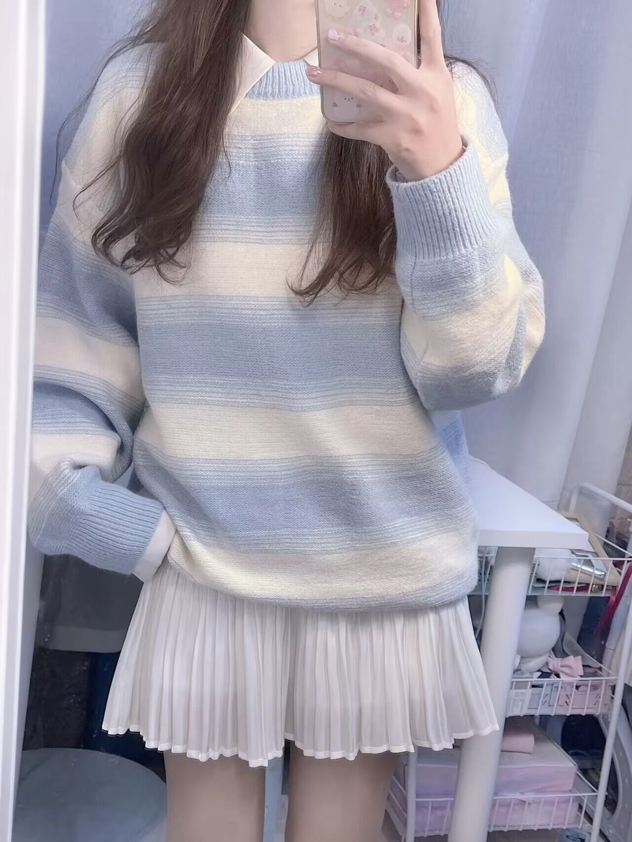 秋冬新款韓系美式復古圓領毛衣女條紋拼色學院風寬鬆休閒針織衫