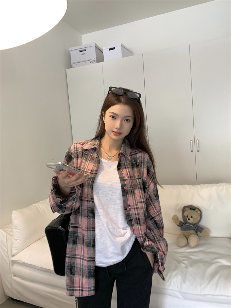 復古寬鬆長袖顯瘦扎染格紋襯衫上衣女