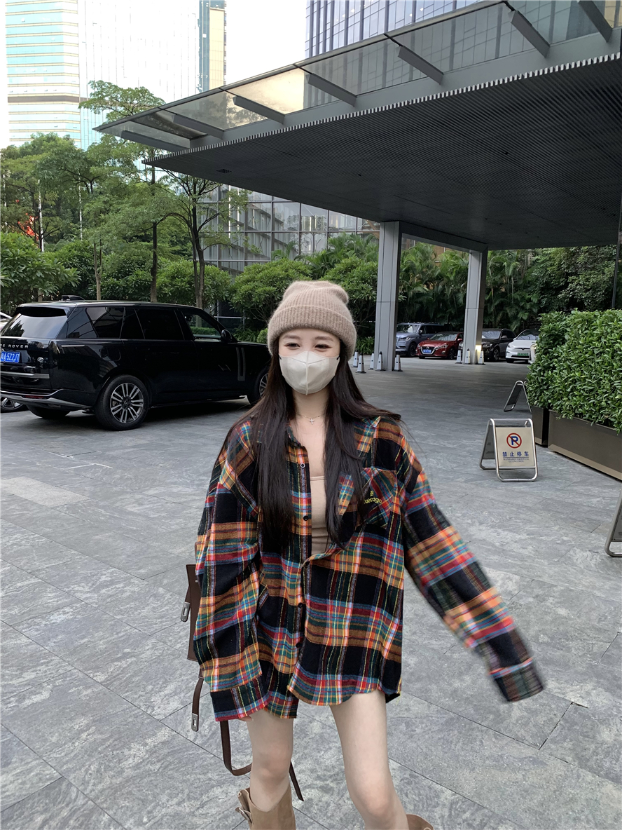 復古情侶襯衣oversize寬鬆格子長袖襯衫