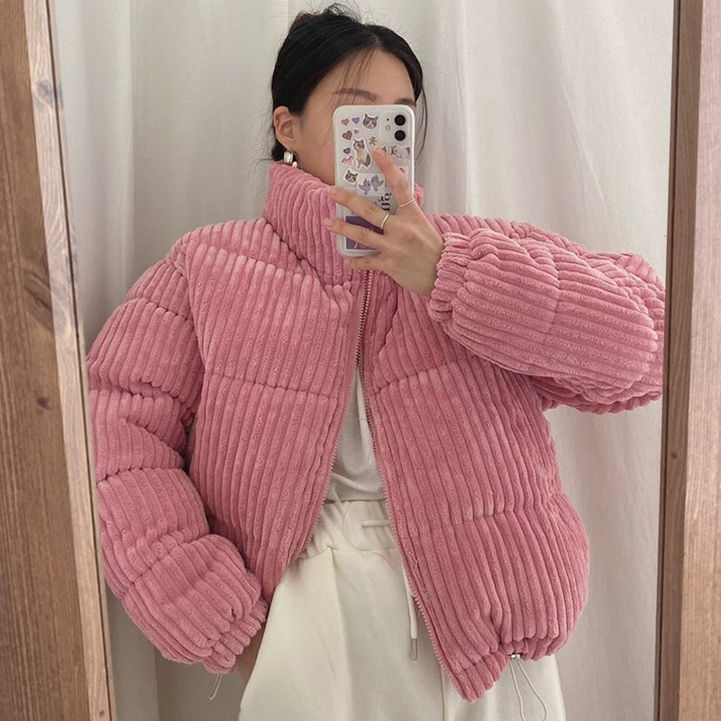 韓國chic秋冬減齡粉嫩顯膚白立領坑條設計寬鬆燈芯絨棉服短外套女