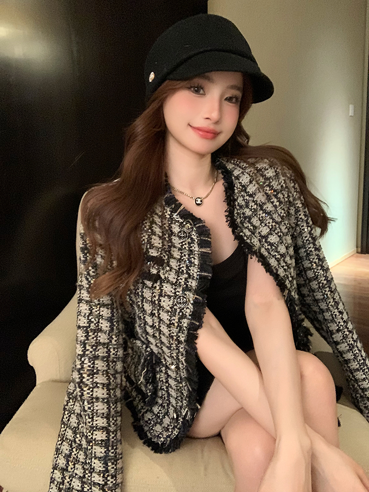 youngrich fashionable right shoulder round neck loose precious gold small fragrant style long-sleeved coat for women in autumn