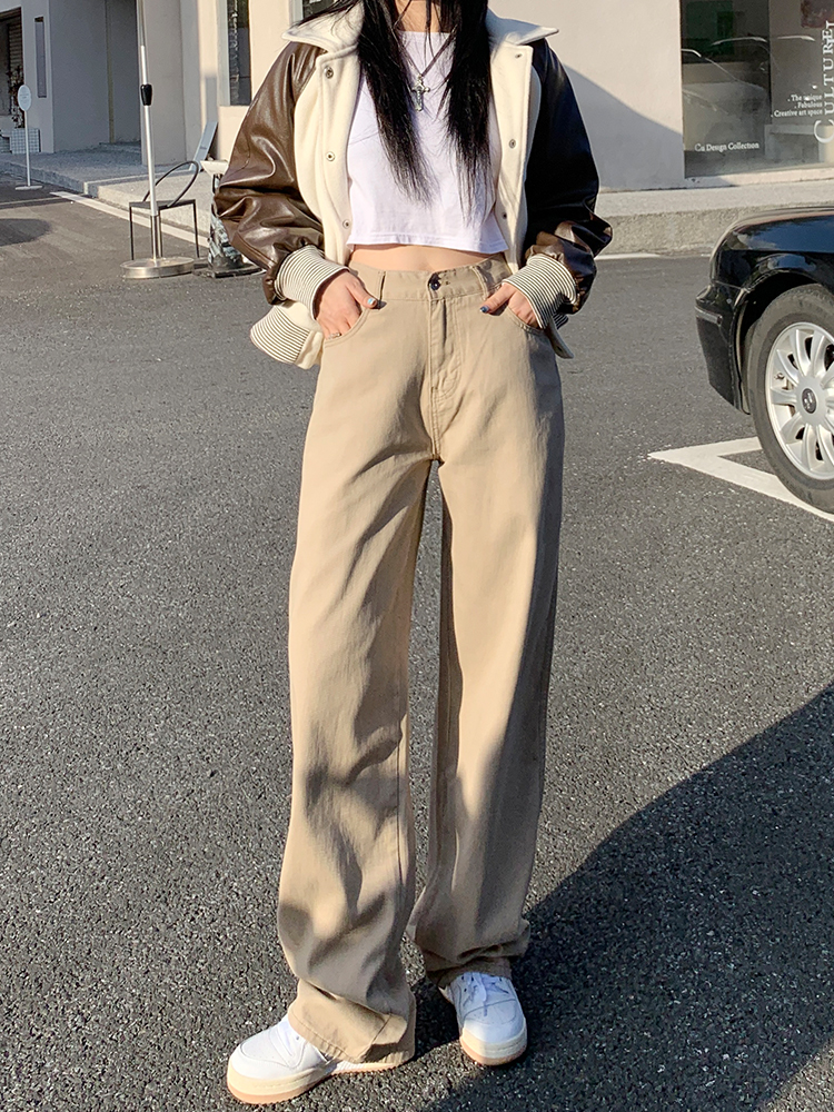 官圖 特厚水洗韓版原版加工卡其色女高腰直筒拖地闊腿褲休閒褲