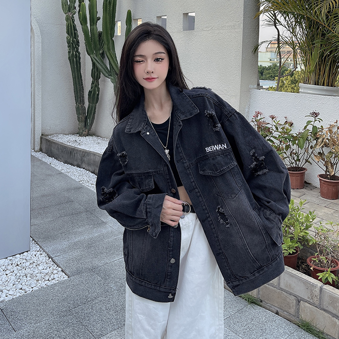 ！潮牌水洗黛霜青破洞牛仔外套男女設計感翻領情侶夾克