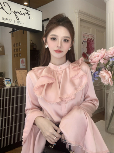 Retro temperament bell sleeves stand collar satin shirt French design loose shirt for women