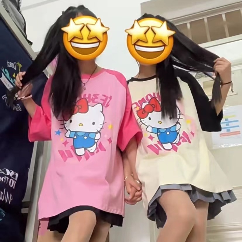 插色肩短袖t恤女夏季寬鬆oversize設計感情侶