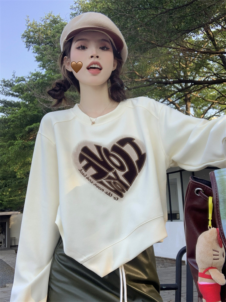 秋季新款韓版字母印花寬鬆不規則長袖衛衣女短款潮流上衣