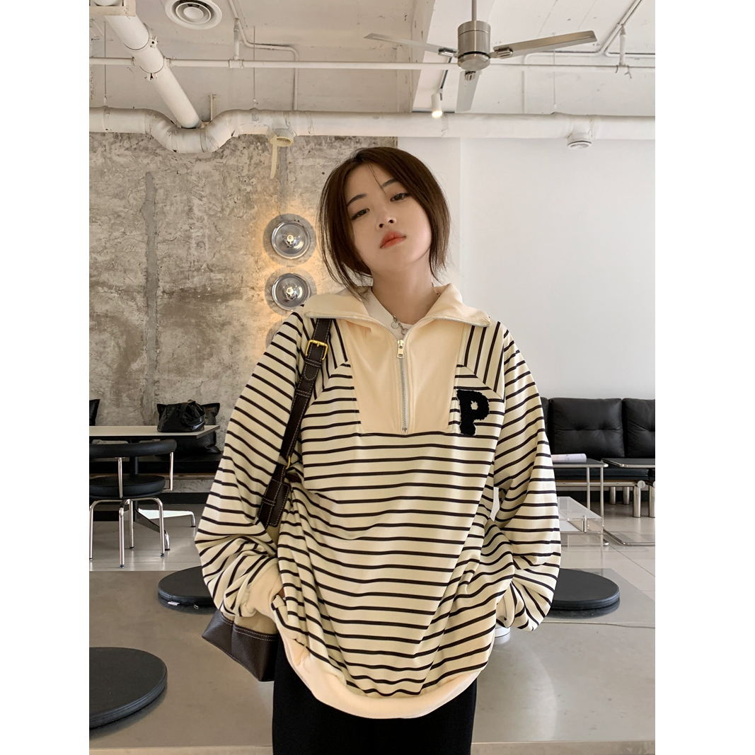 半拉鏈條紋v領百搭休閒衛衣女設計感小眾寬鬆小個子長袖上衣
