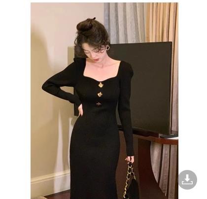 妮拉斯修身性感方領連衣裙顯瘦外穿高級感中長款藏藍色包臀長裙女