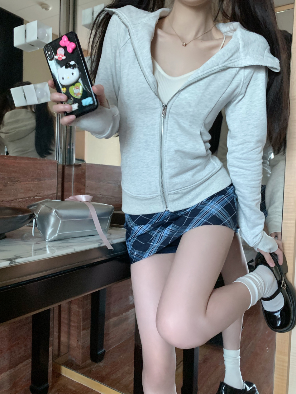 ~ 修身棉衛衣早秋長袖外套甜美+美式格紋半身裙