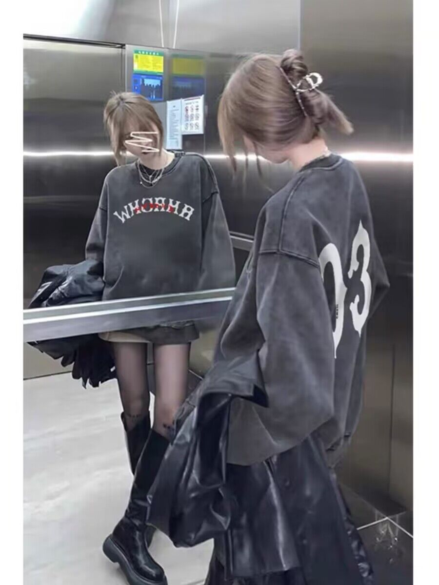 水洗灰純棉美式衛衣oversize小眾高街潮牌ins春秋寬鬆慵懶上衣女