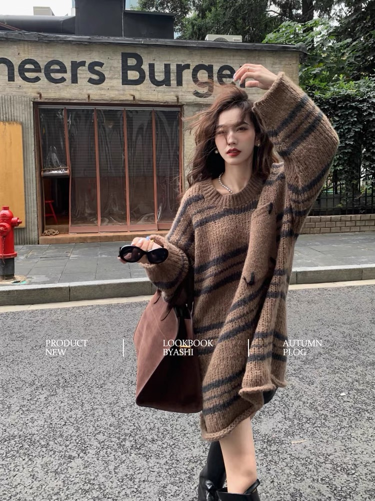 大於詩集慵懶風大口袋撞色條紋毛衣女圓領套頭寬鬆顯瘦針織衫上衣