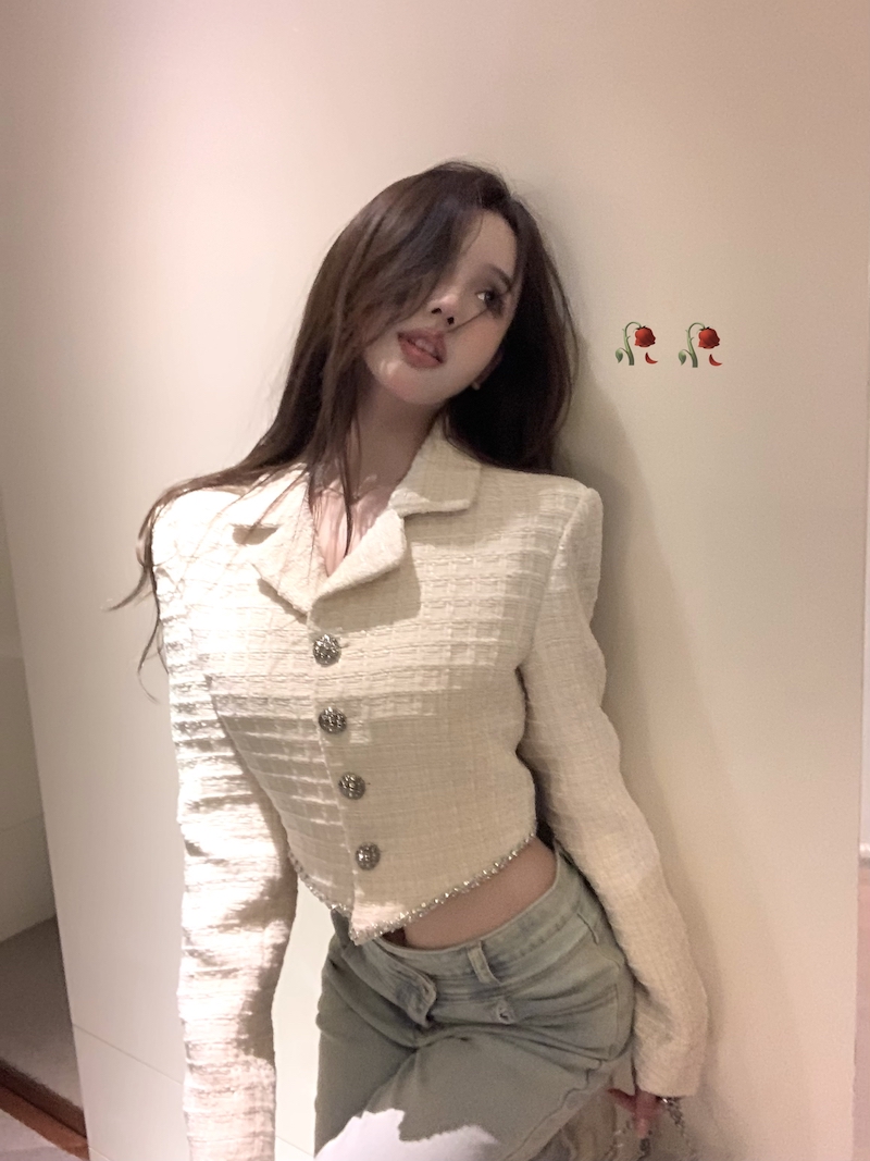 Korean style slim-fitting short long-sleeved plaid cardigan woolen jacket with fragrant design