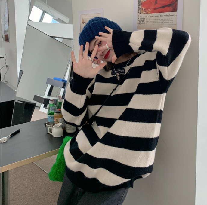 秋冬裝新款慵懶風大碼女裝胖MM條紋寬鬆加厚毛衣L-4XL200斤