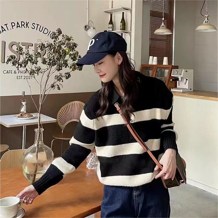 條紋毛衣女秋冬新款2023韓版法式翻領百搭顯瘦外穿套頭針織衫上衣