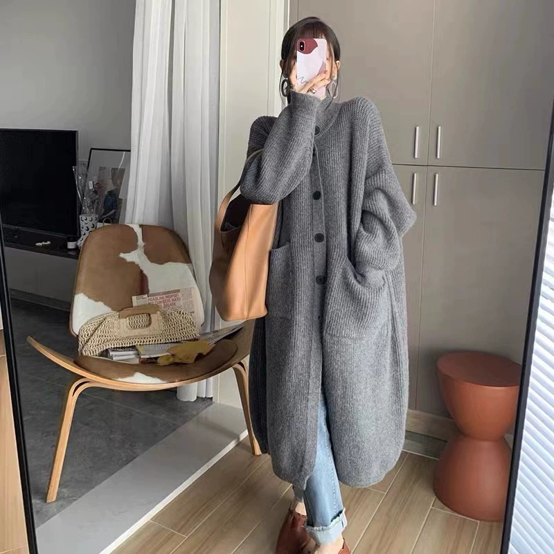 韓系慵懶風高領毛衣女單排扣純色長袖針織開衫中長款外套女春秋