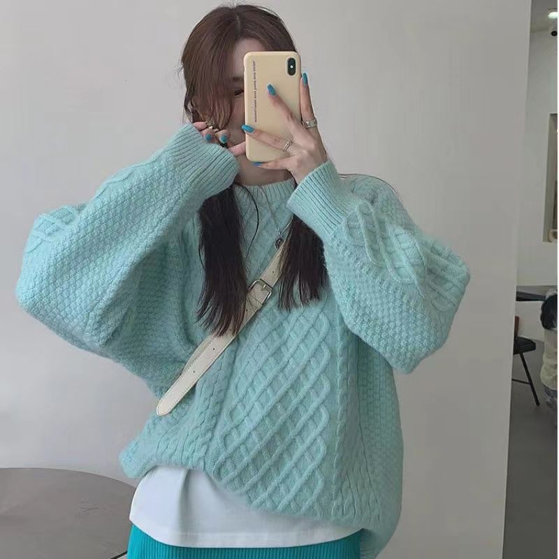 韓系軟糯溫柔麻花毛衣女寬鬆秋冬外穿慵懶風復古圓領套頭加厚上衣