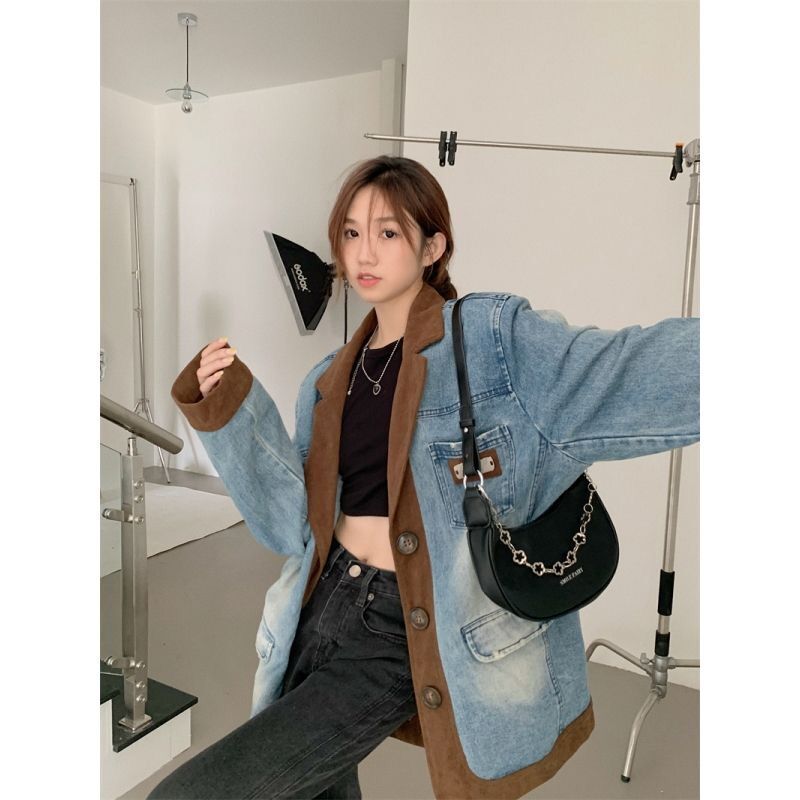 American style suit collar retro sand washed distressed dad silhouette corduroy spliced ​​denim jacket